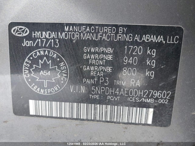 12541945 :رقم المزاد ، 5NPDH4AE0DH279602 vin ، 2013 Hyundai Elantra مزاد بيع