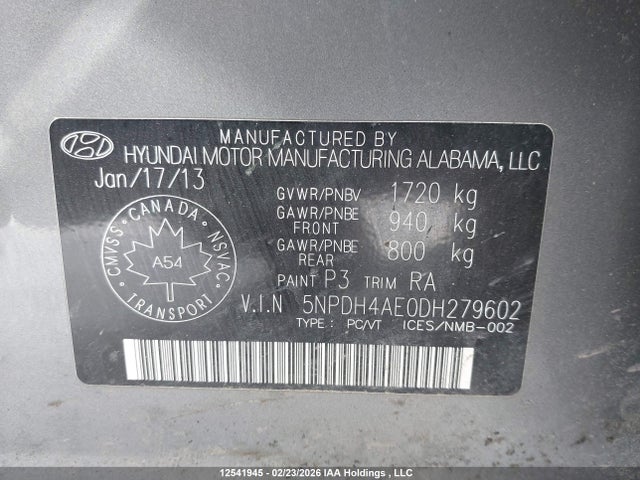 12541945 :رقم المزاد ، 5NPDH4AE0DH279602 vin ، 2013 Hyundai Elantra مزاد بيع