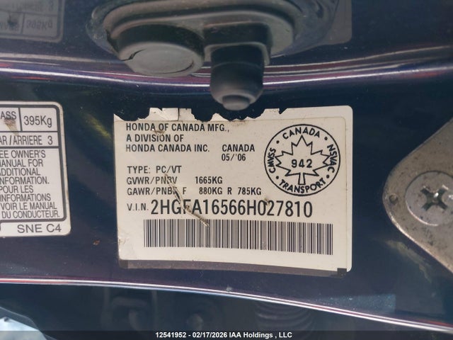 Aukcja sprzedaży 2006 Honda Civic Lx, vin: 2HGFA16566H027810, numer aukcji: 12541952
