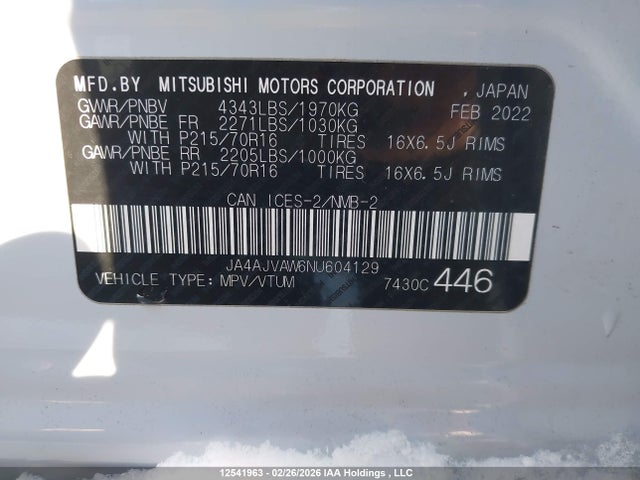 Продаж на аукціоні авто 2022 Mitsubishi Rvr Se/sel/le/gt, vin: JA4AJVAW6NU604129, номер лоту: 12541963