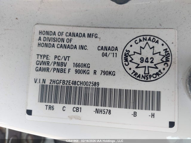 12541968 :رقم المزاد ، 2HGFB2E48CH002589 vin ، 2012 Honda Civic مزاد بيع