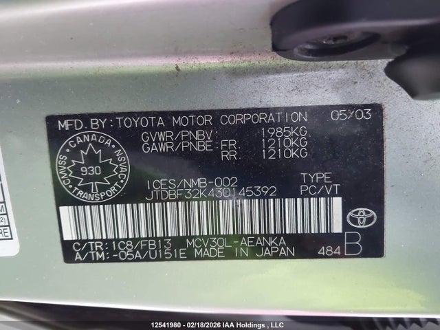Auction sale of the 2003 Toyota Camry Le/xle, vin: JTDBF32K430145392, lot number: 12541980
