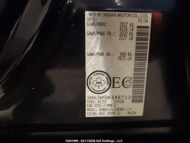 1N4AL3AP5GN348713 Nissan Altima 2.5/2.5 S/2.5 Sl Tech/2.5 Sr/2.5 Sv