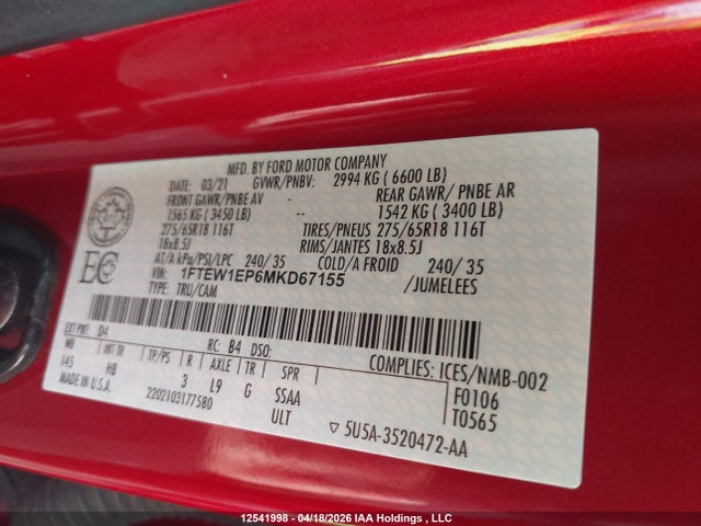12541998 :رقم المزاد ، 1FTEW1EP6MKD67155 vin ، 2021 Ford F-150 مزاد بيع