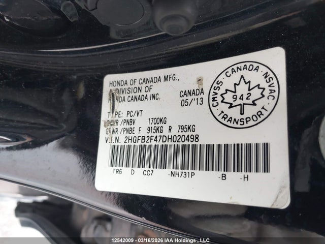 Aukcja sprzedaży 2013 Honda Civic, vin: 2HGFB2F47DH020498, numer aukcji: 12542009