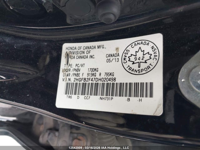Aukcja sprzedaży 2013 Honda Civic, vin: 2HGFB2F47DH020498, numer aukcji: 12542009