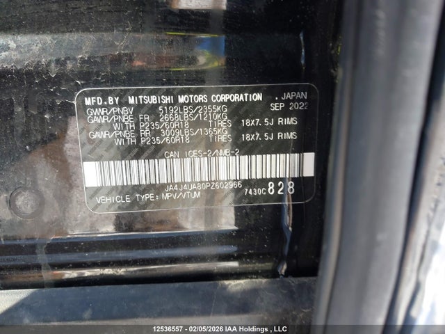 JA4J4UA80PZ602966 Mitsubishi Outlander Le/le Premium/noir/se/sel