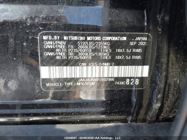 JA4J4UA80PZ602966 Mitsubishi Outlander Le/le Premium/noir/se/sel