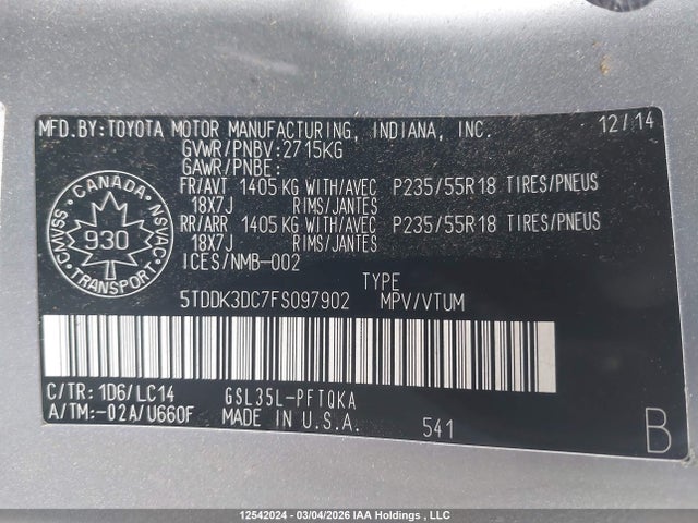 5TDDK3DC7FS097902 Toyota Sienna Xle/limited