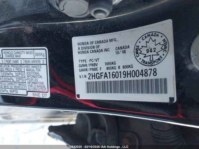 2009 Honda Civic Ex-l მანქანა იყიდება აუქციონზე, vin: 2HGFA16019H004878, აუქციონის ნომერი: 12542025