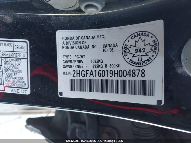 2009 Honda Civic Ex-l მანქანა იყიდება აუქციონზე, vin: 2HGFA16019H004878, აუქციონის ნომერი: 12542025