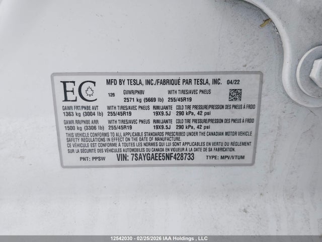 7SAYGAEE5NF428733 Tesla Model Y