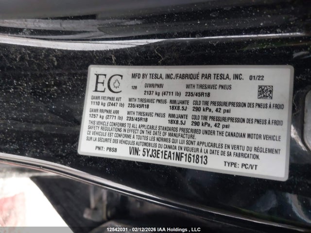 Aukcja sprzedaży 2022 Tesla Model 3 Rwd/standard Range, vin: 5YJ3E1EA1NF161813, numer aukcji: 12542031