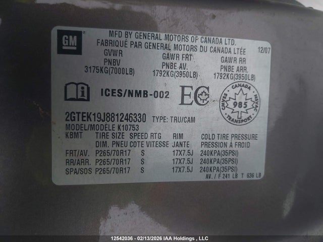Aukcja sprzedaży 2008 Gmc Sierra 1500, vin: 2GTEK19J881246330, numer aukcji: 12542036