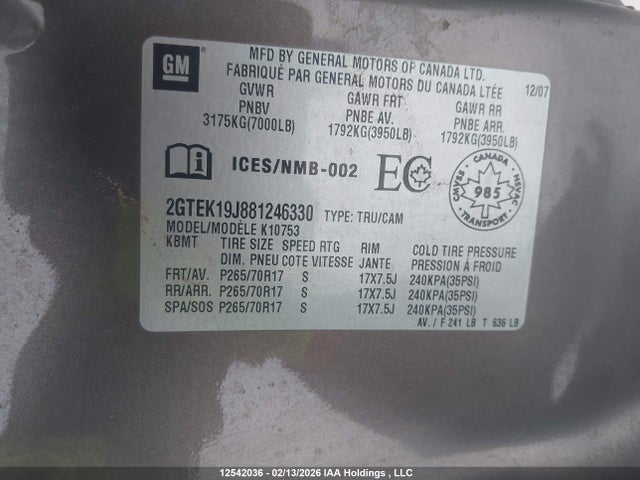Aukcja sprzedaży 2008 Gmc Sierra 1500, vin: 2GTEK19J881246330, numer aukcji: 12542036