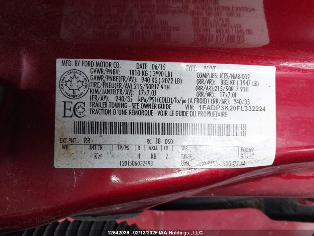 2015 Ford Focus Se მანქანა იყიდება აუქციონზე, vin: 1FADP3K20FL332224, აუქციონის ნომერი: 12542039