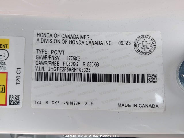 2HGFE2F59RH103325 Honda Civic Sport