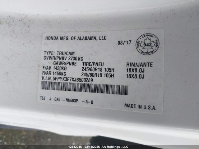 Honda Ridgeline Rtl 2018 5FPYK3F7XJB500289 Image 17