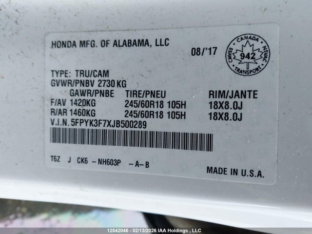 Honda Ridgeline Rtl 2018 5FPYK3F7XJB500289 Image 9