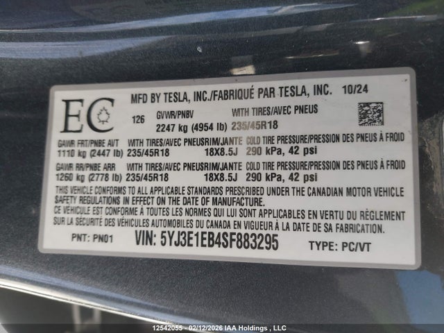 Продажа на аукционе авто 2025 Tesla Model 3 Long Range, vin: 5YJ3E1EB4SF883295, номер лота: 12542055