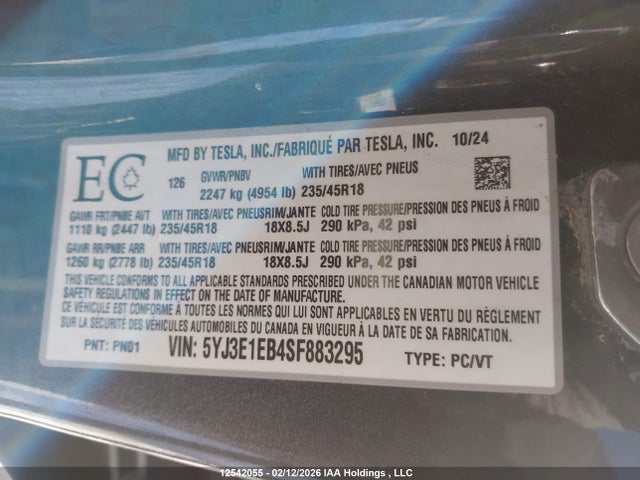 Продажа на аукционе авто 2025 Tesla Model 3 Long Range, vin: 5YJ3E1EB4SF883295, номер лота: 12542055