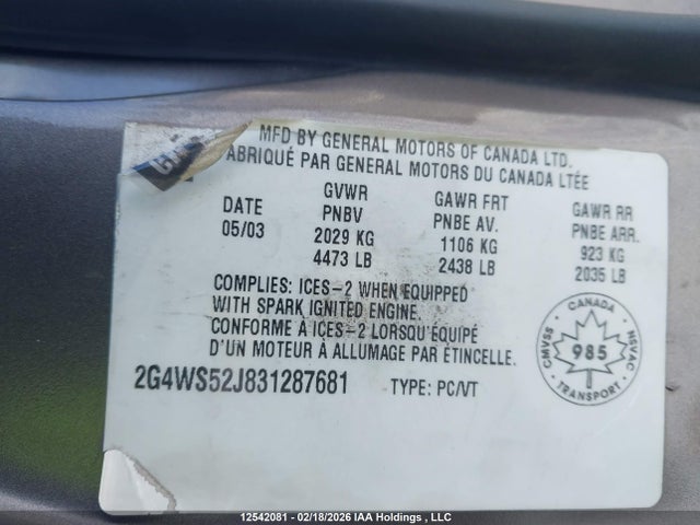 Aukcja sprzedaży 2003 Buick Century Custom, vin: 2G4WS52J831287681, numer aukcji: 12542081