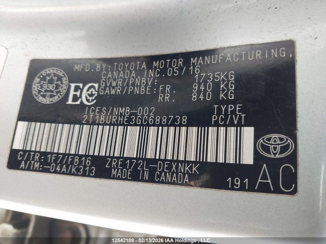 2T1BURHE3GC688738 Toyota COROLLA LE