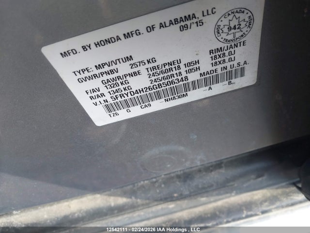 12542111 :رقم المزاد ، 5FRYD4H26GB506348 vin ، 2016 Acura Mdx مزاد بيع