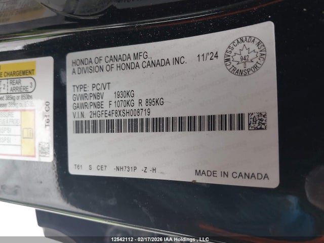 2HGFE4F8XSH008719 Honda Civic Sport Hybrid/sport Touring Hybrid