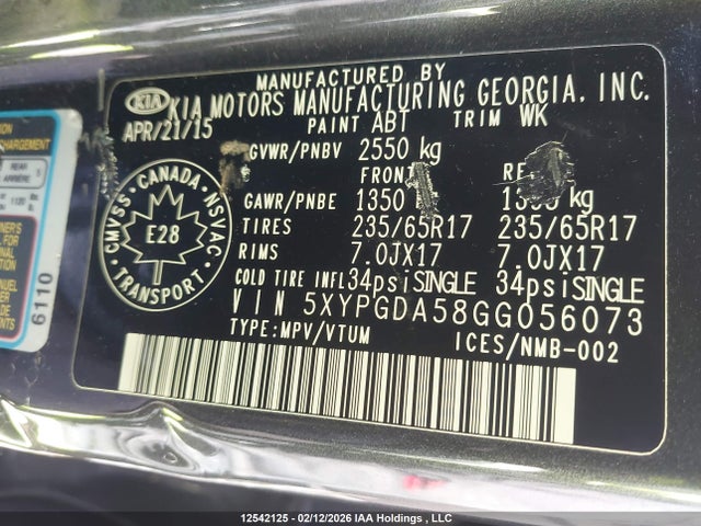 5XYPGDA58GG056073 KIA Sorento Lx/l