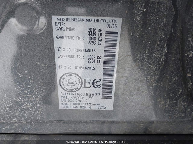 5N1AT2MT1GC795673 Nissan Rogue S/sl/sv