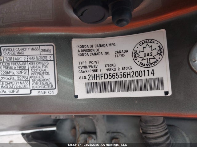 Aukcja sprzedaży 2006 Acura Csx Touring, vin: 2HHFD56556H200114, numer aukcji: 12542137