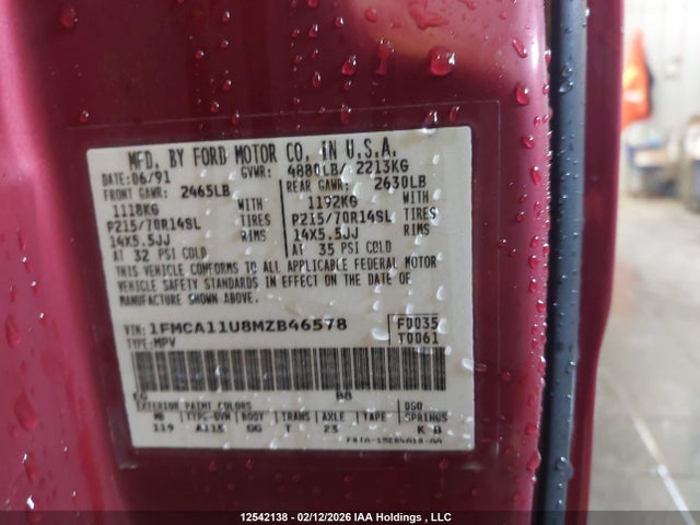 1991 Ford Aerostar მანქანა იყიდება აუქციონზე, vin: 1FMCA11U8MZB46578, აუქციონის ნომერი: 12542138