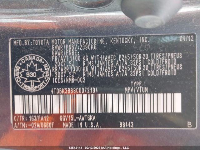 12542144 :رقم المزاد ، 4T3BK3BB8CU072194 vin ، 2012 Toyota Venza Base V6 مزاد بيع