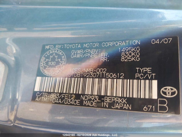 Aukcja sprzedaży 2007 Toyota Yaris, vin: JTDBT923071150612, numer aukcji: 12542165