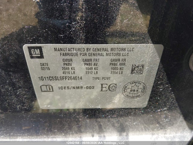 Продаж на аукціоні авто 2015 Chevrolet Malibu 1lt, vin: 1G11C5SL6FF264614, номер лоту: 12542168