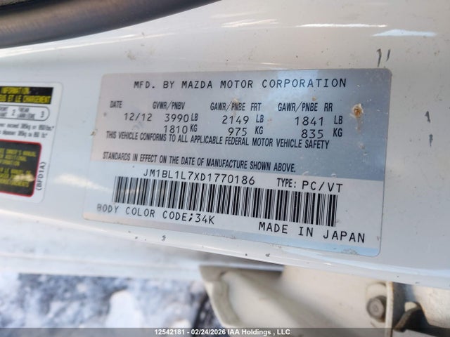 Aukcja sprzedaży 2013 Mazda 3 I, vin: JM1BL1L7XD1770186, numer aukcji: 12542181