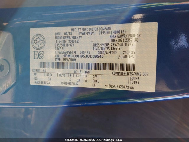 1FMCU9H95JUD39545 Ford ESCAPE SEL