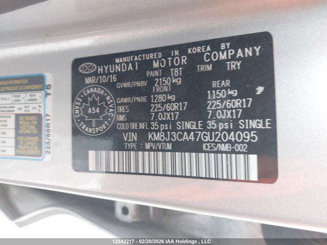 Продажа на аукционе авто 2016 Hyundai Tucson, vin: KM8J3CA47GU204095, номер лота: 12542217