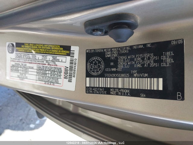 12542218 :رقم المزاد ، 5TDZA29CX5S386525 vin ، 2005 Toyota Sienna Ce 7 Passenger/ce 8 Passenger مزاد بيع