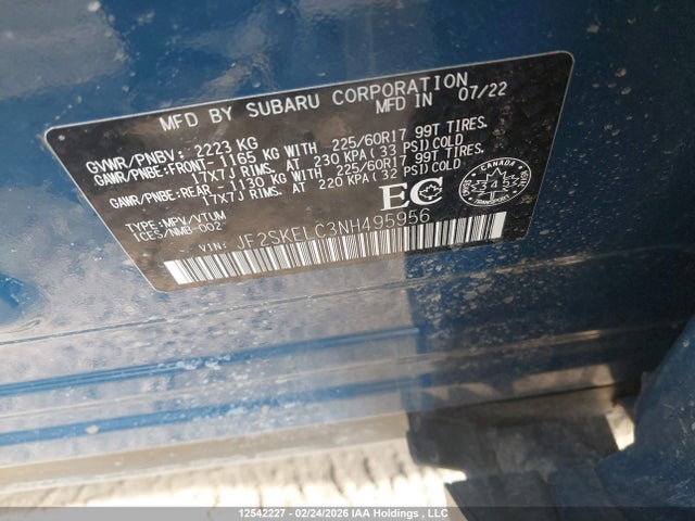 12542227 :رقم المزاد ، JF2SKELC3NH495956 vin ، 2022 Subaru Forester Wilderness مزاد بيع