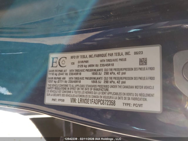 2023 Tesla Model 3 მანქანა იყიდება აუქციონზე, vin: LRW3E1FA3PC872358, აუქციონის ნომერი: 12542239