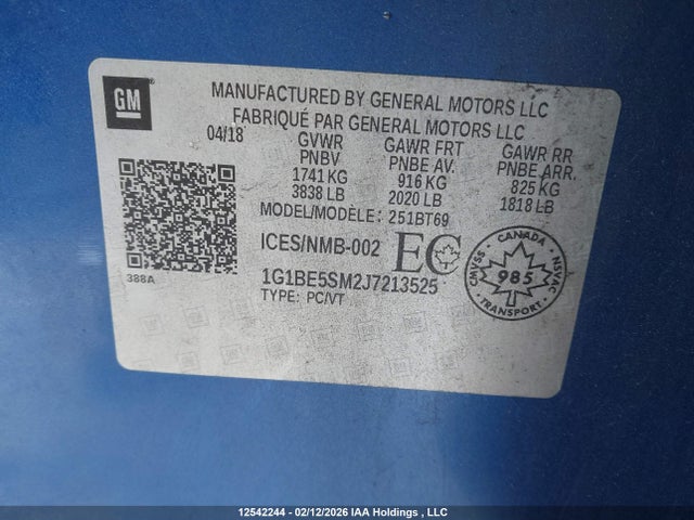1G1BE5SM2J7213525 Chevrolet Cruze Lt Auto