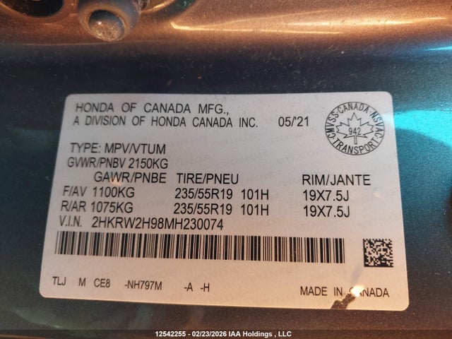2HKRW2H98MH230074 Honda Cr-v Touring