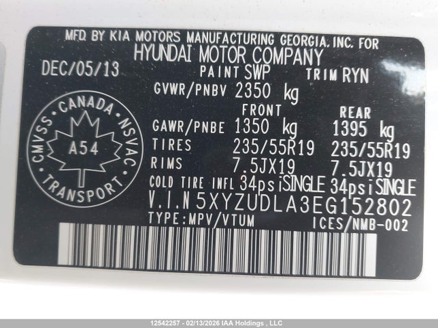 5XYZUDLA3EG152802 Hyundai SANTA FE SPORT