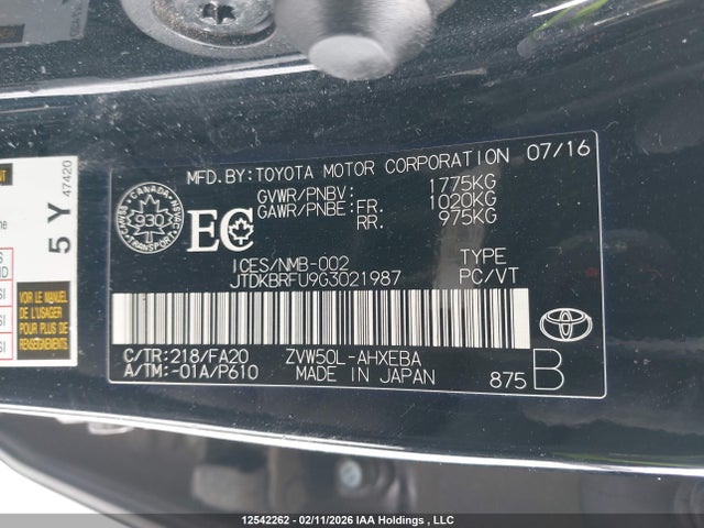 JTDKBRFU9G3021987 Toyota Prius Technology/touring