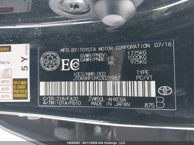 JTDKBRFU9G3021987 Toyota Prius Technology/touring