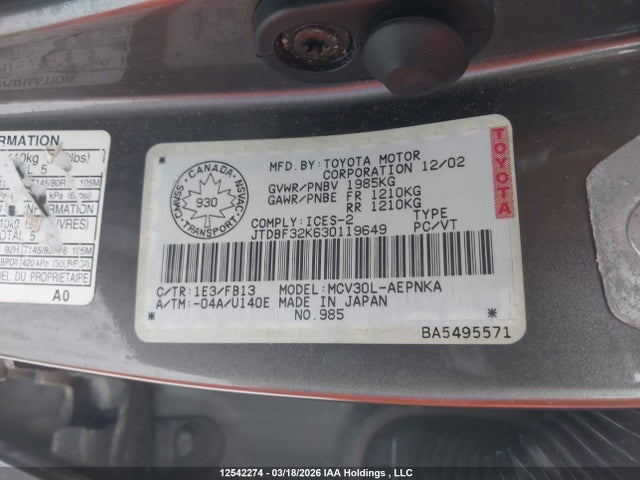 2003 Toyota Camry Le V6/se V6/xle V6 მანქანა იყიდება აუქციონზე, vin: JTDBF32K630119649, აუქციონის ნომერი: 12542274