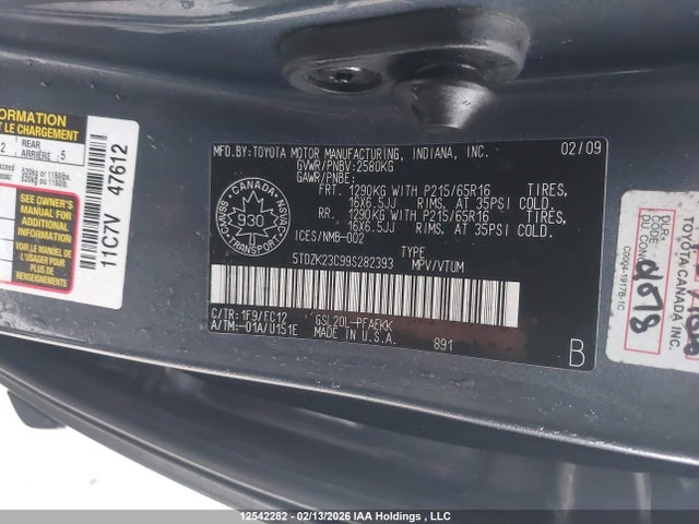 12542282 :رقم المزاد ، 5TDZK23C99S282393 vin ، 2009 Toyota Sienna Ce/le مزاد بيع