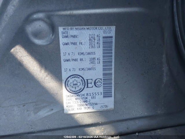 5N1AT2MV1HC815553 Nissan Rogue S/sl Platinum/sv